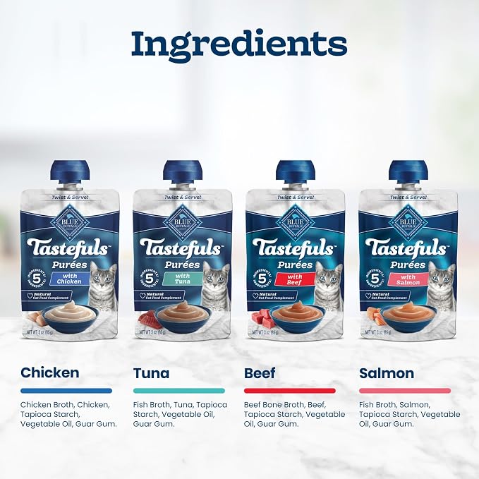 Blue Buffalo Tastefuls Purées Variety Pack Wet Cat Food Complement (Salmon, Chicken, Tuna, Beef) Made with Natural Ingredients, for All Life Stages, 3-oz. Resealable Pouches (12 Count)