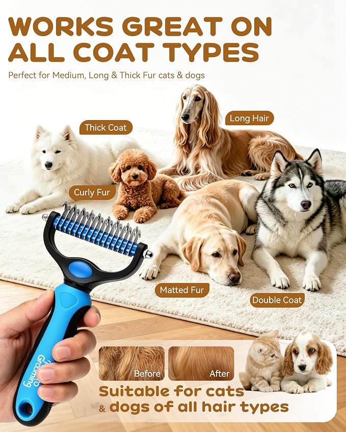 Tool, 2-In-1 Deshedding Dog Brush, Double-Sided Grooming Tool for Thick Coats, Rounded-Tooth Comb for Painlessly Removing Knots and Loose Hair (Blue-Large)