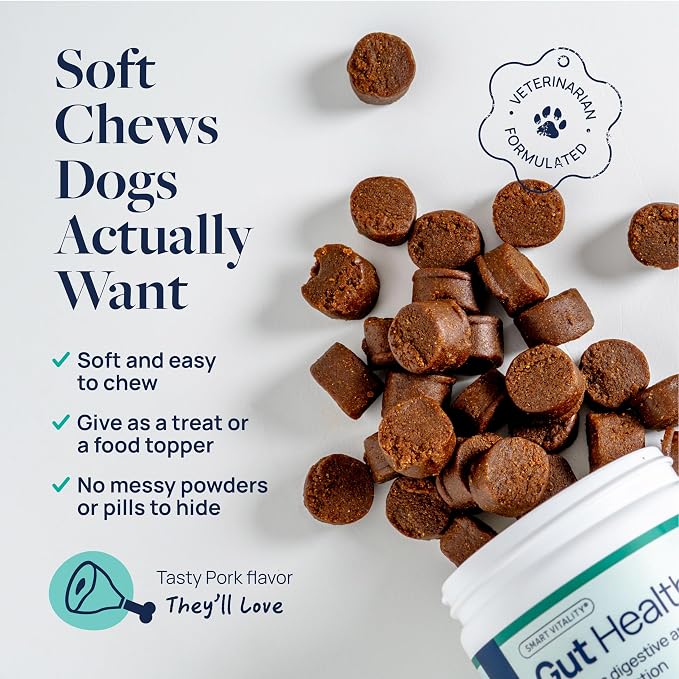 Veterinary Formula Gut Health Supplement for Dogs – Vet-Formulated Probiotic Chews with Digestive Enzymes & Fiber – Smart Vitality Support Digestive Health, Gut Balance & Stool Quality, 120 Soft Chews