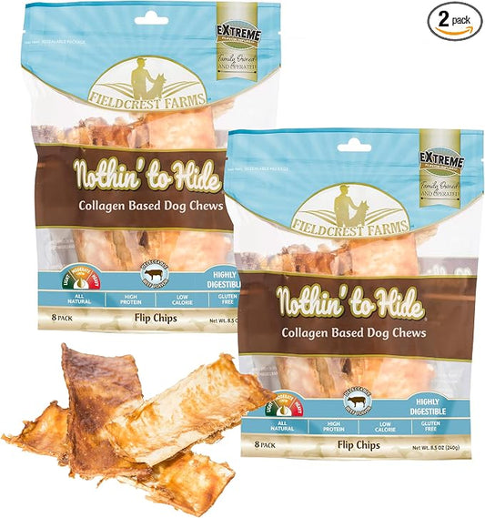 Fieldcrest Farms Nothin to Hide Flip Chips Dog Chews - Natural Rawhide Alternative Treats for Dogs, Collagen Based Snack for Moderate Chewers Up to 35lbs, Beef Flavor - 2 Packs (16 Chips)