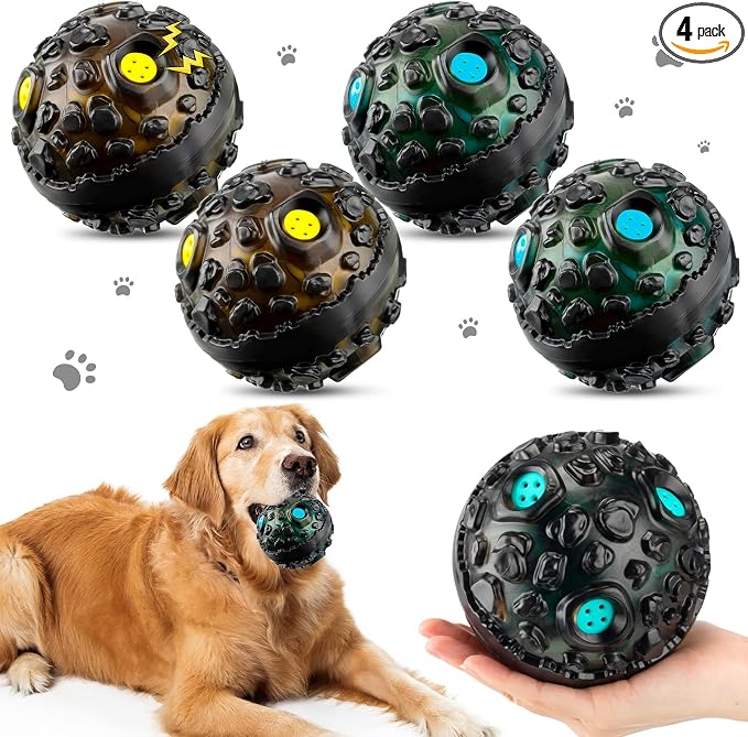 Honoson 4 Pcs Dog Ball for Aggressive Chewers, Indestructible Interactive Dog Toy with Squeaky Giggle, Elastic Rubber Wobble Chew Toy for Small Medium Large Dogs, Teeth Cleaning (Blue,Yellow)