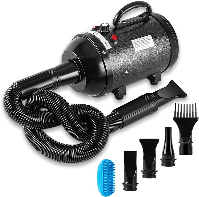 NESTROAD Dog Dryer, 4.3HP/3200W High Velocity Pet Hair Dryer, Stepless Adjustable Speed, Quick-Drying, Reduce Noise & Heat Insulation, 4 Nozzles and a Brush, Black
