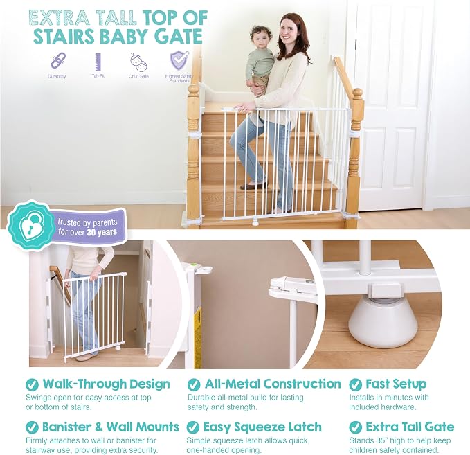 Regalo Safety 35" Extra Tall Baby Gate for Stairs, Hardware Mounted Wide Stair Gate, Fits 34"–55" Openings, Includes Wall & Banister Mounting Kit, White
