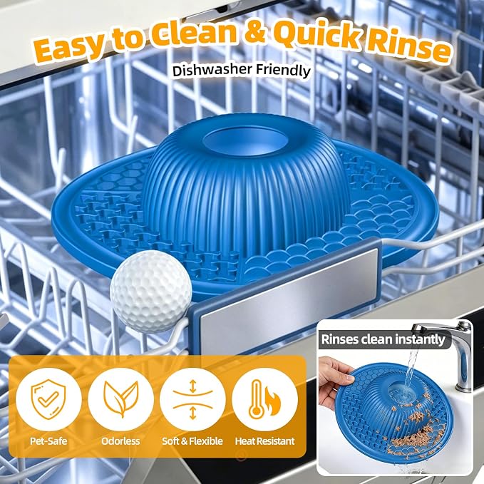 2-in-1 Dog Slow Feeder Bowl & Lick Mat with 2 Rotatable Balls, No-Slip Silicone Anxiety Relief Treat Mat for Dogs & Cats, Dishwasher Safe (Blue)