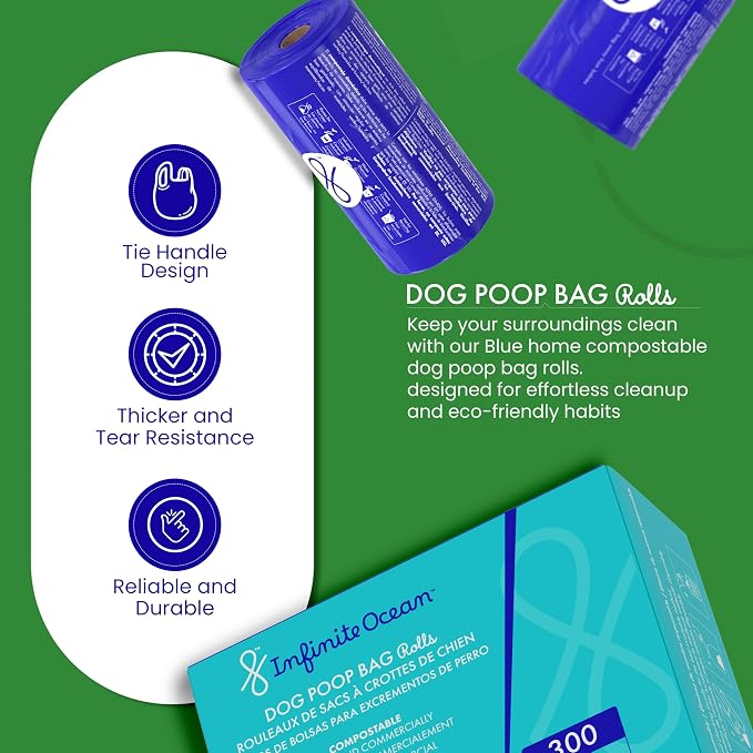 Certified Home Compostable Dog Poop Bag Rolls, 300 Tie-Handle & Gusseted, Leak-Proof, Odor-Proof Bags, Thick Blue Refill Rolls, Unscented