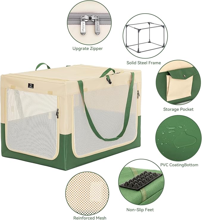 36" Collapsible Dog Crate for Large Dogs - Portable Soft Travel Kennel with Lockable Zippers, Waterproof Base, Washable Cover, Patented Screw Frame for Adjustable Tension, Outdoor, Indoor, Car Use
