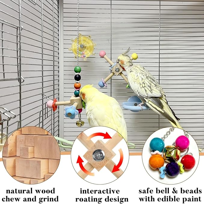 2pc Spinner Toys and 3-Sisal Perch Swing Set – Interactive Wooden Chew Toys with Bells and Balance Training for Parakeets Cockatiels Conures Lovebirds Quaker