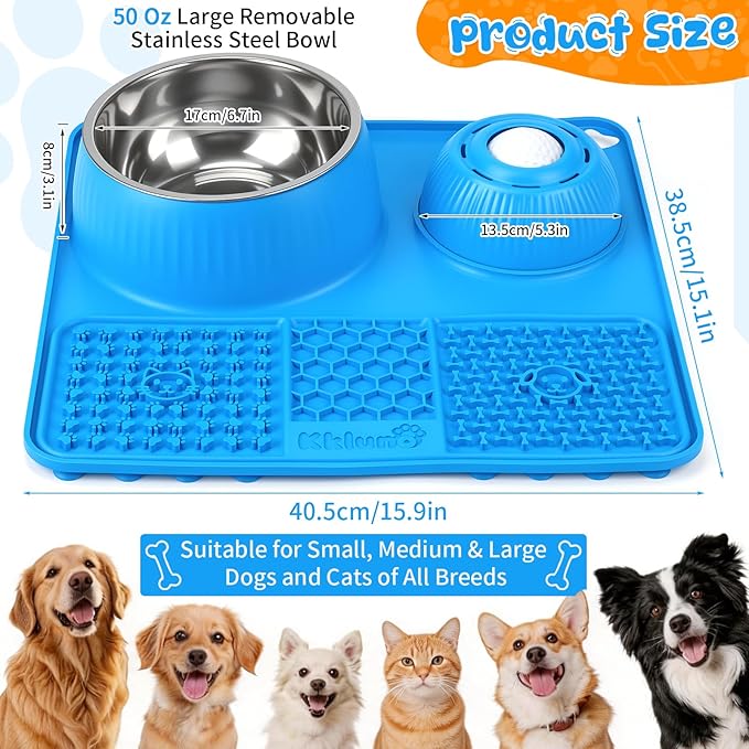 Dog Lick Bowl with Rolling Ball for Liquid and Thick Treat—3 in 1 Slow Feeder Dog Bowls+Lick Mat+50oz Stainless Steel Food Bowl,Anti-Slip 5/6 Cup Licking Toy for Medium Large Dogs and Cats Blue