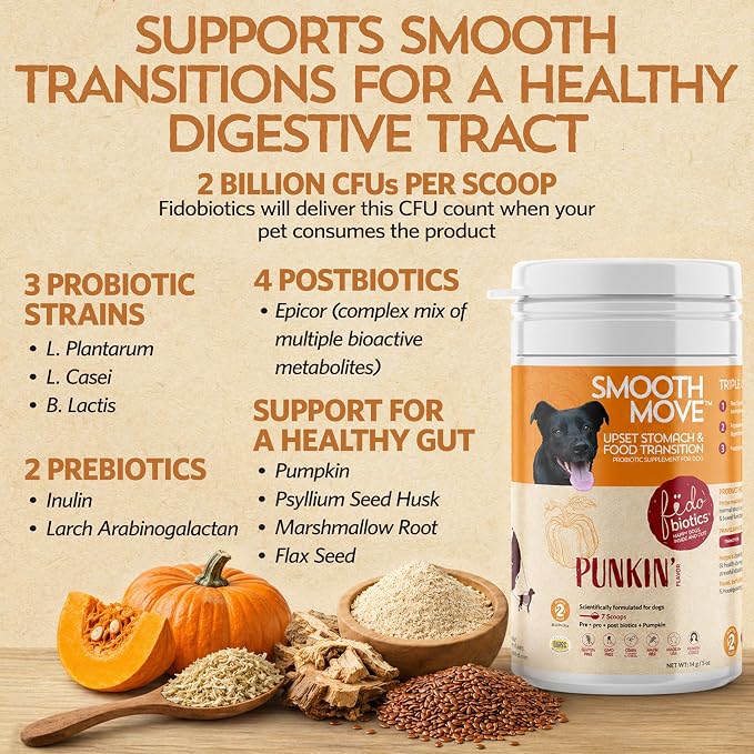 Pumpkin for Dogs with Probiotics, 7-Day Serving for Diet Changes & Upset Stomach, Smooth Move Probiotics for Dogs for Digestive Gut Health