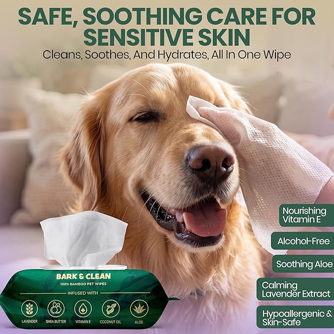 Bark & Clean 440 Dog Wipes for Cleaning and Deodorizing - 4 Pack of 110 8.5" x 9" Bamboo Pet Wipes - Compostable, Hypoallergenic Puppy Wipes - Dog Wipes for Paws, Butt, and Body