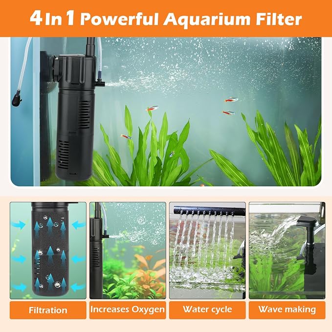 hygger Aquarium Internal Filter, Flow Rate Adjustable 4 in 1 Submersible Fish Tank Filter with Aeration System,Filtration/Oxygenation/Waveker/Circulation (for 5-15 Gallon Tank)