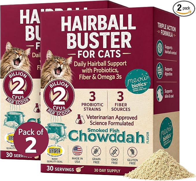 Hairball Buster Powder for Cats, Cat Hairball Treatment with Probiotics, Fiber & Omega 3, Digestive Support, Smoked Fish Flavor, 2 Billion CFU, 30 Servings - Pack of 2