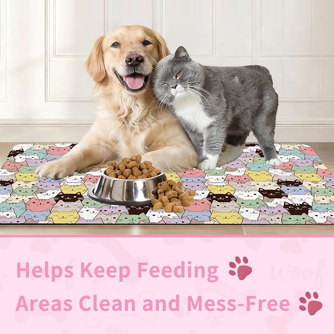 Cat Food Mat, Absorbent Pet Feeding Mat for Dog & Cat Food and Water Bowl, Non-Slip Quick Dry Pet Placemat Floor Protector for Messy Drinkers(12 x 20in)