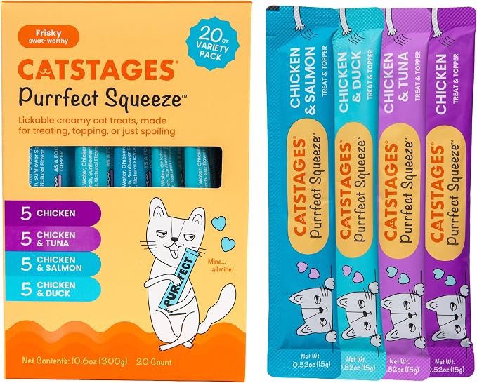 Catstages Purrfect Squeeze Lickable Wet Cat Treats, Creamy Purée Treat & Topper, Made with Real Chicken, Clean Ingredients, No Artificial Preservatives, 0.5 oz Tubes, 20-Count, 4-Flavor Variety Pack