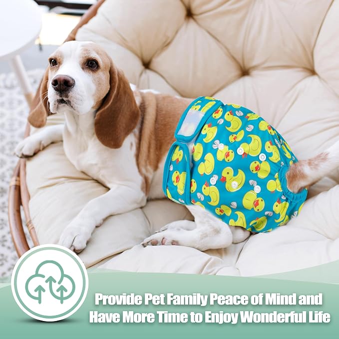 wegreeco Washable Female Dog Diapers Highly Absorbent Reusable Diapers for Dog in Heat Period, 3 Pack (Yellow Ducks, Large)