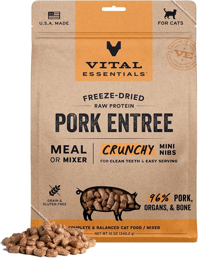 Vital Essentials Freeze Dried Cat Food, Raw Pork Crunchy Mini Nibs | Complete Meal or Topper | 96% Pork, Organs & Bone | Limited Ingredient, High Protein, Grain Free Dry Cat Food | 12 oz Bag
