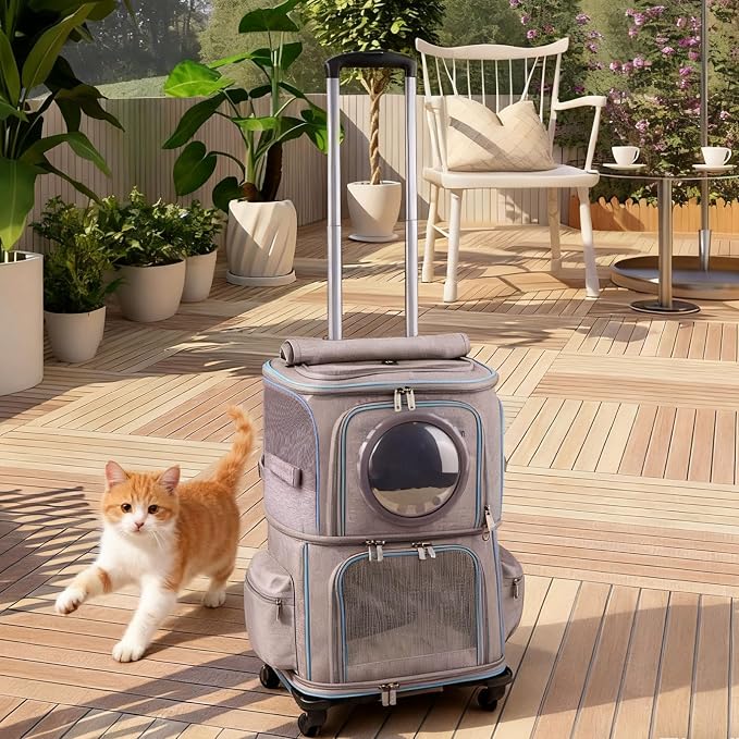 2-in-1 Pet Carrier Backpack for Two Cats or One Dog with Puller & Roller, Grey 2-Layer Dual Cabins Carry Bag for Large Fat Cat and Puppy Traveling and Hiking, Space Capsule Clear Bubble Dome