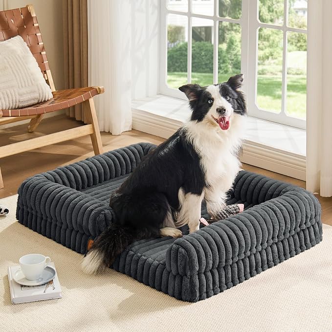 Orthopedic Dog Bed for XL Dogs, Washable Dog Bed with Faux Rabbit Fur Waterproof Cover, High Density Egg Crate Foam Support with 3-Sided Bolsters for Senior Dogs, Non-Skid Bottom, 41x30x7, Dark Grey