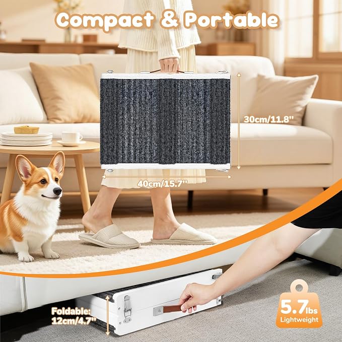 Pawaboo Foldable Dog Ramp, Small Dog Ramp for Couch, 4 Adjustable Height from 13'' to 21", Stable Pet Steps with Non-Slip Pad, Portable Pet Ramps Use for Couch Sofa Stairs, White
