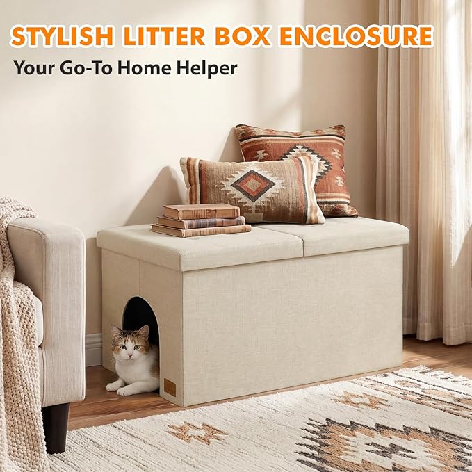 Zerbuger 3-in-1 Cat Litter Box Enclosure for Odor Control, Hidden Litter Box Furniture Cabinet Ottoman with Flip-Up Lid, Multi-Functional Bench with Storage Footrest, Dog Proof (Cream, X-Large)