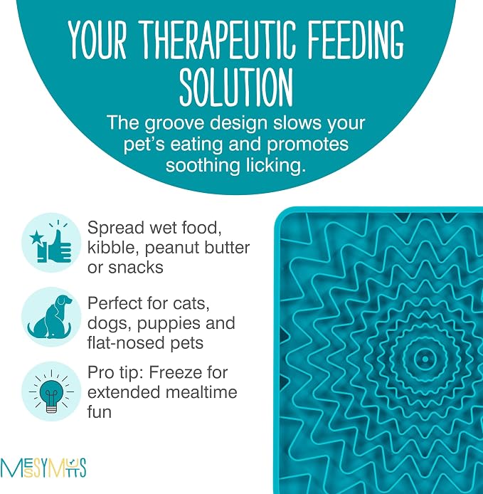 Messy Mutts Framed Silicone Therapeutic Licking Mat | 9.5" x 9.5" | Slow Feeder Mat for Boredom & Anxiety | Lick Pad for Dogs & Cats | Blue