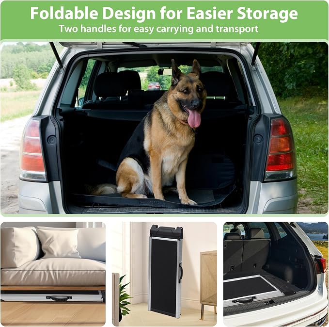 COZIWOW Aluminum Pet Ramp Ladder,Portable Dog Car Step Ramp with 2-Fold Design and Handle, Non-Slip Surface, Oxford Strap,Pet Stairs for Vehicles,SUV,Truck, High Bed,Black