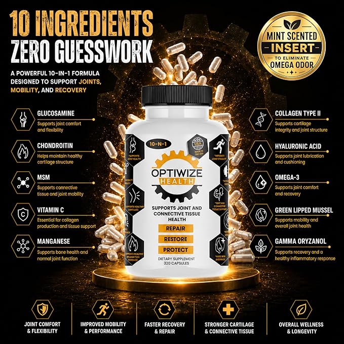 OptiWize 10-N-1 Joint Support Hydrolyzed Collagen,MSM, Hyaluronic Acid, Glucosamine,Chondroitin & More- Targets Joint Discomfort, Improves Mobility & Flexibility 320 Caps for Men & Women Made in USA