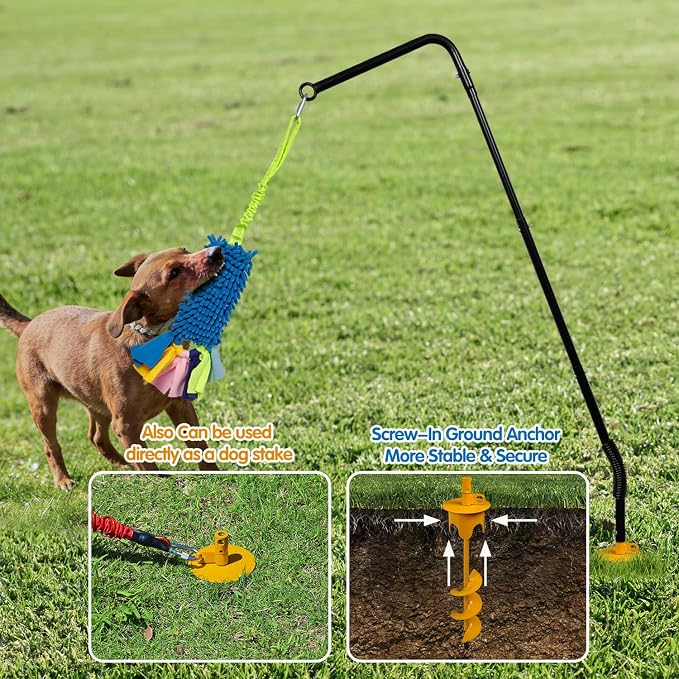 Heavy Duty Dog Spring Pole with Screw-In Ground Anchor & 360° Swivel, Adjustable Height 30-49", Durable Outdoor Tug Toy System with Bungee Squeak Rope for Large & High Energy Dogs Training