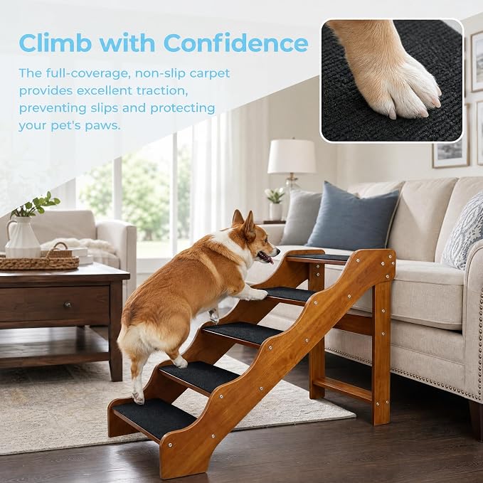 Solid Wood pet Staircase Walnut Paint, Dog Ladder, Suitable for high beds, Sofas, and Cars, with a Weight Capacity of 500 pounds, Anti Slip Staircase, Suitable for Large Pets (Walnut 5 Steps)