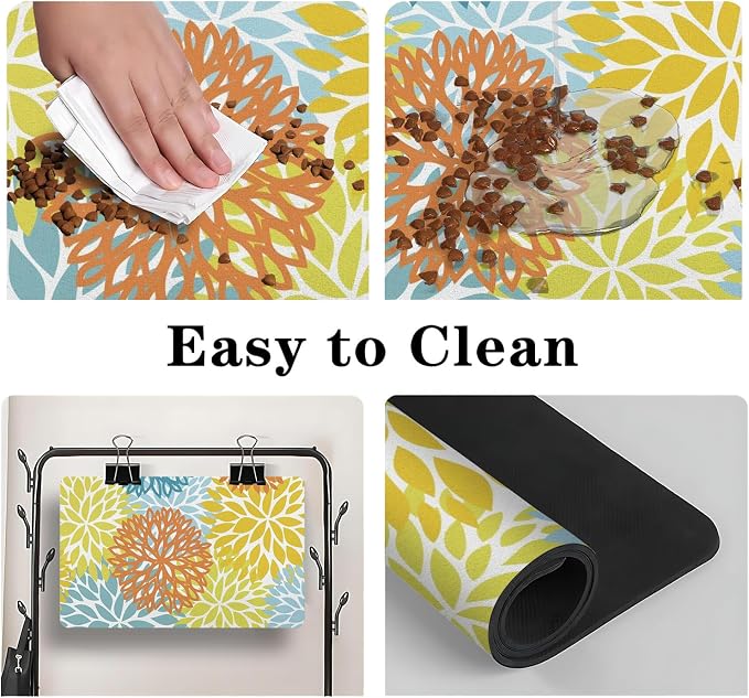 Dog Food Mats for Floors, Absorbent and Quick-Drying Pet Cat Food Mat,Anti-Fouling and Easy-to-Clean Pet Feeding Mat,Dog Bowl Mat for Messy Drinking Water Bowls.17x27, Bohemia Dahlia Floral Style