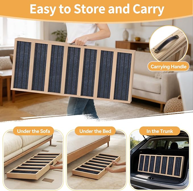 Adjustable Wooden Dog Ramp for Bed and Couch - 39" Folding Pet Ramp with 4 Heights and Non-Slip Safety Rails for 132lbs Small, Medium, and Senior Dogs