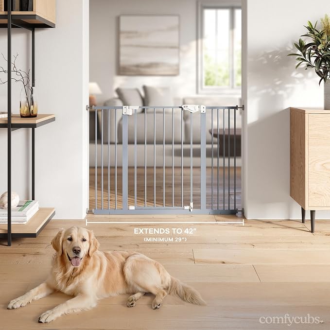 Comfy Cubs Baby Safety Gate with 3 Extensions - Adjustable 42" x 1.9" x 30" Q195 Steel Doorway Barrier - Powder-Coated Finish for Stairs and Doorways - Walk-Through Design Pet Gate - Pacific Blue