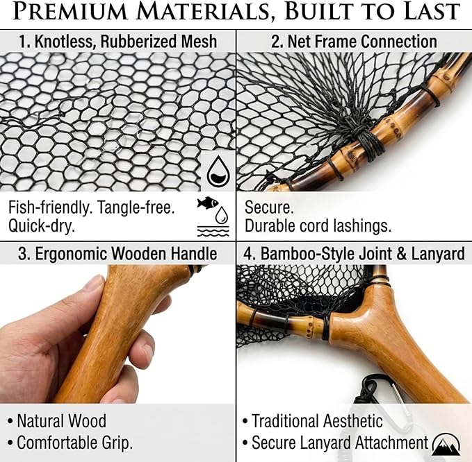 Floating Handcrafted Bamboo Fly Fishing Landing Net, Solid Wood Handle, Soft Rubber Coated Mesh for Trout, Kayak & Stream Fishing, Includes Magnetic Release & Safety Lanyard