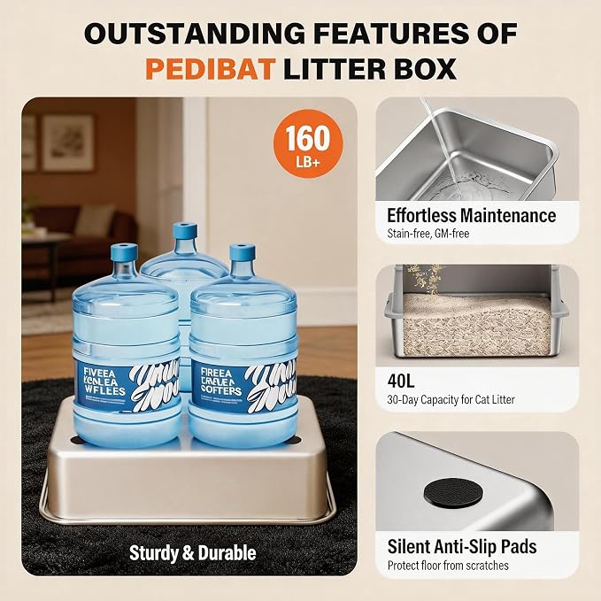 Extra Large Enclosed Stainless Steel Litter Box with Lid，Side Entry Top Exit High Sided Metal Cat Litter Pan，Non-Stick Easy Cleaning Anti-Urine Leakage for Big Cats，Includes Scoop & Step, Grey