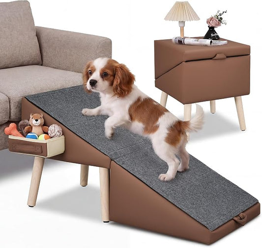 Dog Ramp for Couch and Bed, 17" H Stairs for Small to Medium Dogs and Cats Foldable Steps for Pets to Get on High Bed, Non-Slip Sturdy Ottoman Ramp with Storage Drawer, Brown