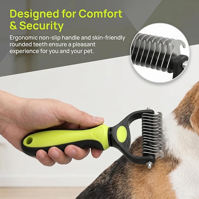 2pc Double-Sided Dog Brush for Shedding Control & Detangling - Pain-Free Deshedding Tool with Rounded Teeth (Large, Green)