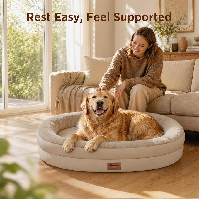 Orthopedic Dog Bed for Large Dogs, Waterproof Dog Bed for Large Size Dogs with Bolsters, Egg Crate Foam Sofa Bed with Washable Removable Cover & Non-Slip Bottom, Light Brown