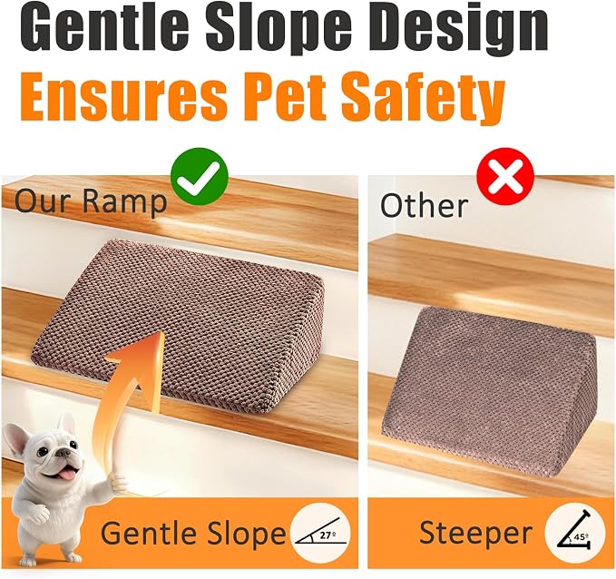 Dog Ramp for Stairs for Small & Senior Dogs and Cats – Non-Slip Stair Wedges for Dogs with Gentle Slope, Pet Ramp with Washable Cover & Self-Sticky Pads for Safe Climbing (Brown, 6 Pack)