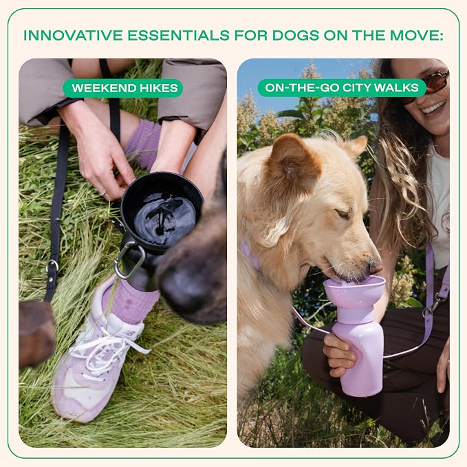 Springer Flip Portable Dog Water Bottle with Foldable Food Grade Silicone Bowl - 20 Ounce Travel Dog Water Bottle Ideal for Camping - Easy Squeeze Hydration & Release to Drain Lilac
