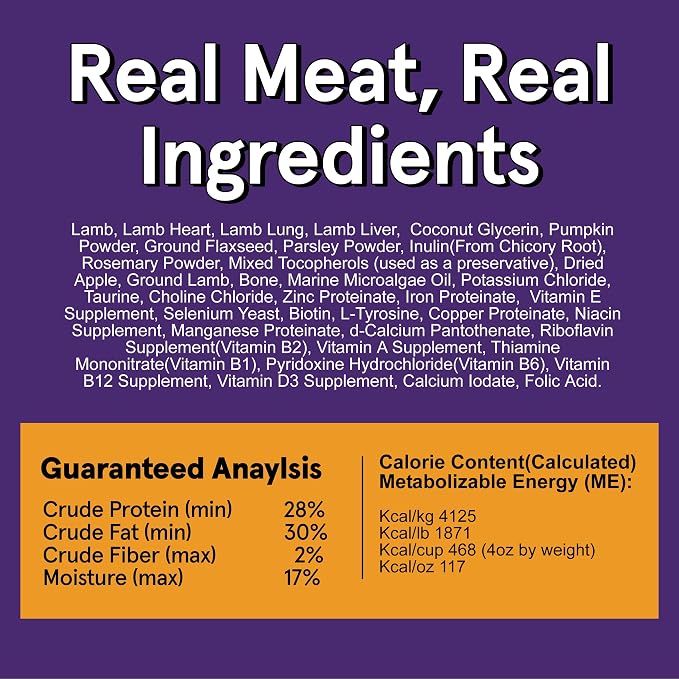 Real Meat Air Dried Dog Food w/ Real Lamb - Two 2lb Bags of USA-Crafted Grain-Free Real Meat Dog Food Sourced from Hormone-Free, Free-Range, Grass-Fed Lamb - Digestible, Natural, High Protein Lamb