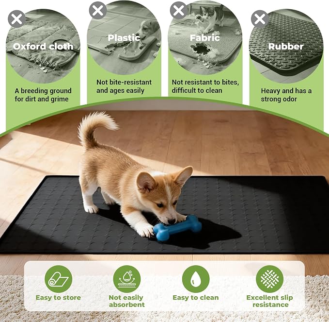 Extra Large 34x22 Inch Machine Washable Silicone Pet Food Mat - Waterproof Dog & Cat Bowl Mat with Raised Edge, Non-Slip Floor Protector for Large Dogs, Multi-Pet Homes (Black)