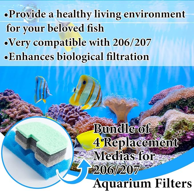 Threlaco 20 Pcs Aquarium Filters Replacement Filter Media Kits Compatible with Fluval 206/207, Including 2 Biological Foams, 6 Ammonia / 6 Phosphate / 6 Nitrite Remover