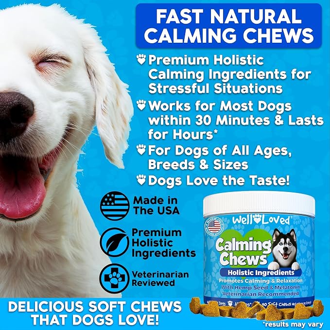 Well Loved Calming Chews for Dogs - Dog Calm Treats, Made in USA, Vet Developed, Behavior Support, Stress, Separation, Fireworks, Travel, Melatonin, Natural & Holistic, 90 Count