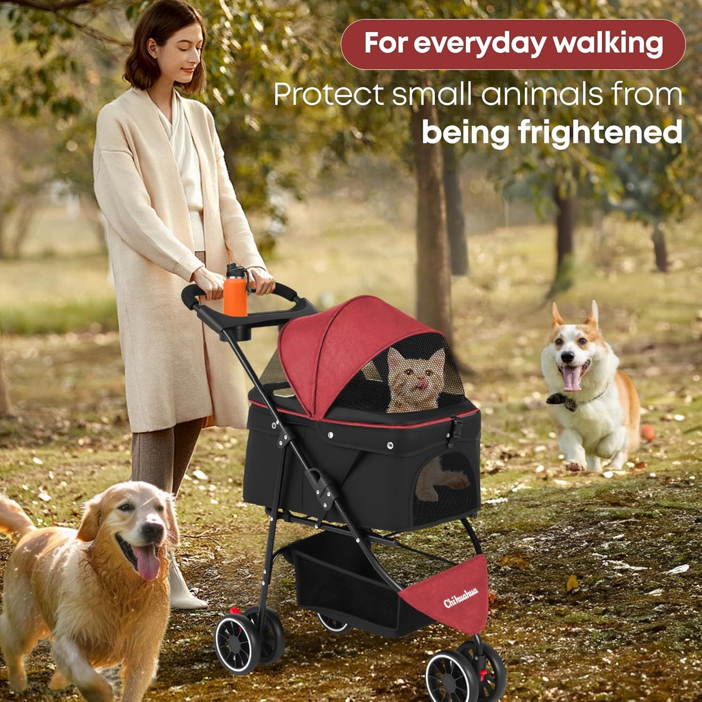 Pet Stroller,Dog Stroller for Small Medium Dogs Cats,3 Wheels,Foldable,with Breathable Mesh Canopy,Cup Holders,Easy Assembly,Red+Black
