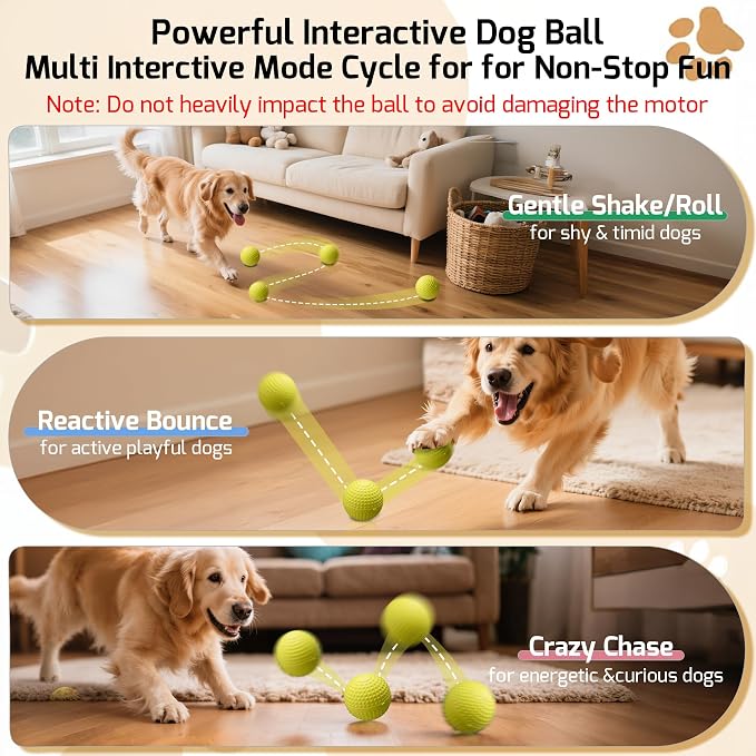 SNOYWEN Smart Interactive Dog Balls, Durable Food-Grade Rubber Material, Automatic Moving, Bouncing, Rotating Toy with Light for Medium, Large Dogs, IPX7 Waterproof (Yellow)