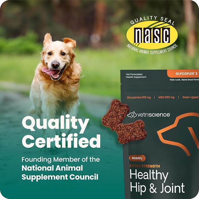 VetriScience Extra Strength Healthy Hip & Joint Chews, GlycoFlex Glucosamine & Green-Lipped Mussel Support Supplement for Dogs, Promote Mobility & Soothe Joint Discomfort, Chicken, 3 Pack