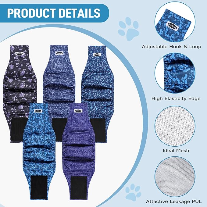 Male Dog Diapers, High Absorbing Dog Belly Bands for Male Dogs, Washable Reusable Dog Males Wraps(5 Pack)