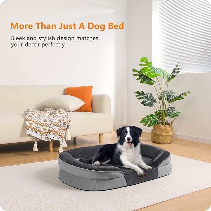 Dwanton Orthopedic Dog Bed for Large Dogs with Gel Memory Foam, Waterproof Dog Sofa, Washable Pet Bed with Four Sided Bolster Cushion, Removable Cover & Non-Slip Bottom, 38", Dark Grey