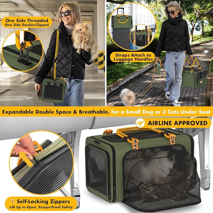 PAWZIDEA Double Pet Stroller with 2 Detachable Carrier, Lightweight Portable Travel Crate & Car Seat Combo & TSA-Approved Expandable Carrier, Foldable Jogger Stroller for 2–4 Cats or Small/Medium Dogs