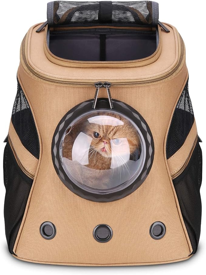 LOLLIMEOW Large Pet Carrier Backpack, Bubble Backpack Carrier for Fat Cats and Puppies,Airline-Approved(Khaki)